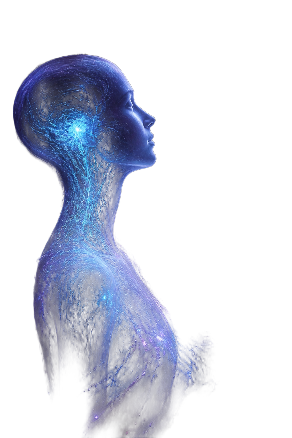 Translucent cosmic figure gazing into the universe